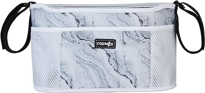 CM Stroller Organizer Diaper Bag Stroller Accessories Pack with Drink Holders and Zipped Pockets for Baby Stroller, Car, Shopping Cart. Fits All Major Strollers. (Marble White)