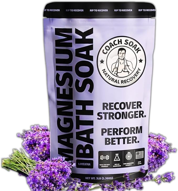 Coach Soak: Recovery Bath Soak - Absorbs Faster Than Epsom Salt Bath Soak for Pain – Rejuvenating Post Workout Magnesium Flakes -21 Minerals, Essential Oils & Bath Salts (Calming Lavender)