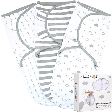Mama Cheetah Organic Baby Swaddle Blanket, Adjustable Newborn Sleep Sacks, Easy Swaddles for Boys and Girls 0-3 Months, Nursery Swaddling Essentials, 3-Pack, Grey