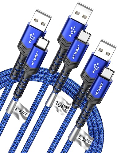 JSAUX USB-C Cable 3.1A Fast Charging, 3-Pack (10ft+6.6ft+3.3ft) USB A to Type C Charge Cord Compatible with Samsung Galaxy S21 S20 S10 S9 S8 Note 20 10, iPhone 15/15 Pro Max, PS5, USB C Charger(Blue)