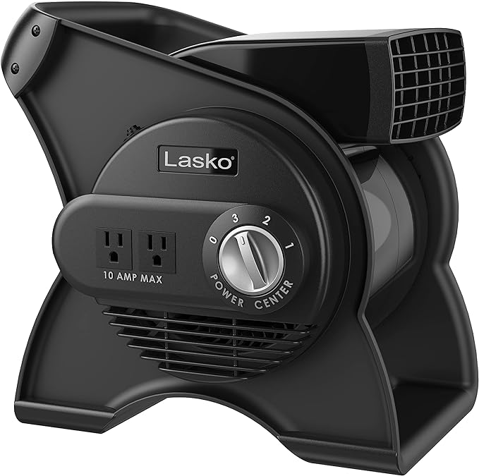 Lasko High Velocity Pivoting Utility Blower Fan, for Cooling, Ventilating, Exhausting and Drying at Home, Job Site, Construction, 2 AC Outlets, Circuit Breaker with Reset, 3 Speeds, 12", Black, U12104