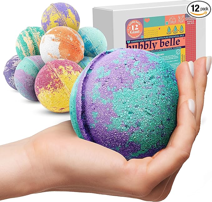 Bubbly Belle Bath Bombs XXL Gift Set, 12 Extra Large Handmade Aromatherapy Fizzies with Essential Oil Blends and Epsom Salt, Vegan for Women, Men, Kids