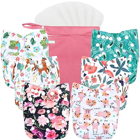 wegreeco Washable Reusable Baby Cloth Pocket Diapers 6 Pack + 6 Rayon Made from Bamboo Inserts (with 1 Wet Bag, Flower)