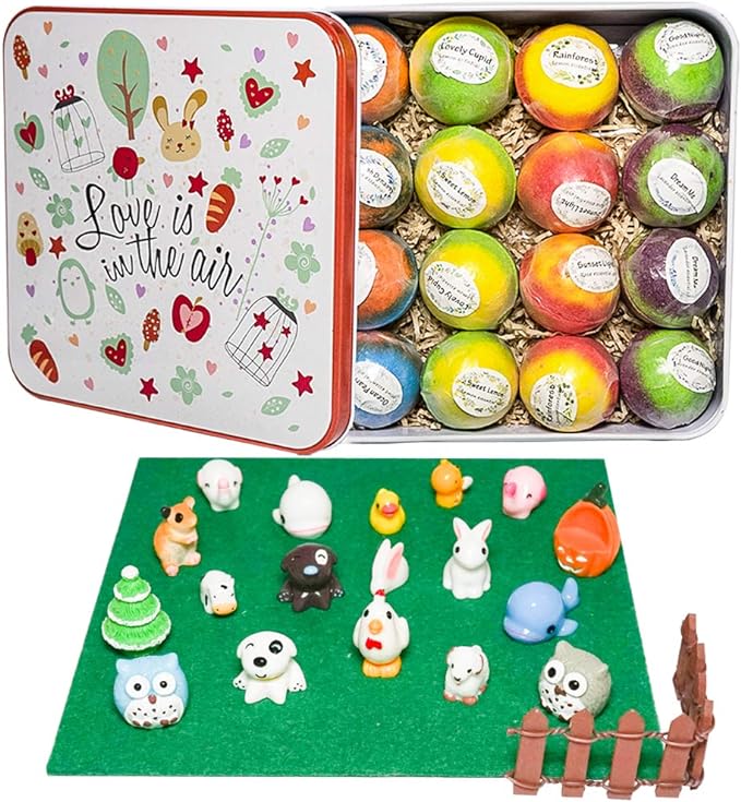 nagaliving Bath Bombs with Surprise Inside, 16 Organic Bubble Bath Bombs with 16 Small Animals, Great Gift for Birthday, Christmas, Valentines Day, Easter, Party Favors (Bonus Scene Props)