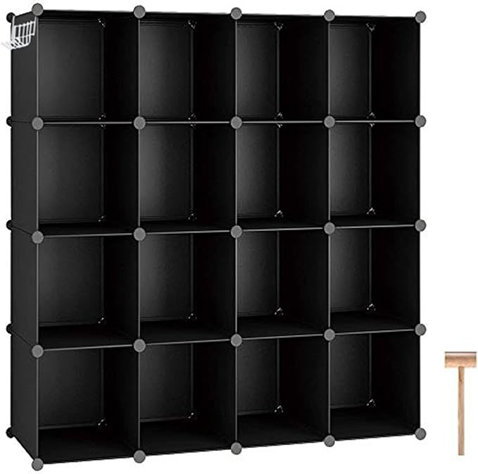 C&AHOME Cube Storage Organizer, 16-Cube Shelves Units for Closet, DIY Plastic Modular Bookshelf, Bookcase, Storage Cubes Ideal for Bedroom, Living Room, 48.4" L × 12.4" W × 48.4" H Black SUM3016H