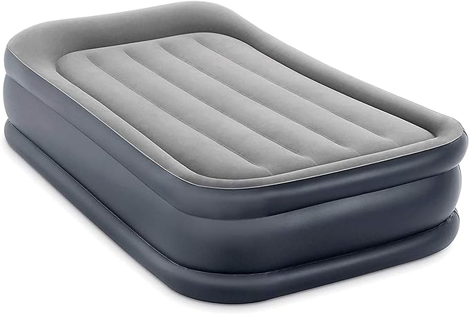 Intex Dura Beam Deluxe Pillow Raised Inflatable Velvet Fiber-Tech Airbed Mattress with Electric Built in Pump and Portable Storage Carrying Case, Twin