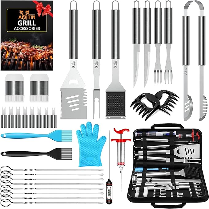 AISITIN 35PCS Grill Accessories BBQ Tools Set, Stainless Steel Grilling Kit with Thermometer, Fork, Tongs and Spatula, Meat Injector, Grill Mat - Gifts for Dad Durable, Stainless Steel Grill Tools