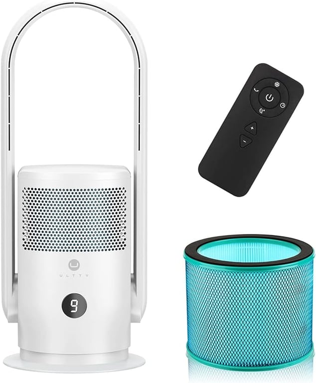 ULTTY Bladeless Tower Fan and Air Purifier in one, 90° Oscillating Bladeless Fan with Remote, Touch, 8H Timer, Floor Fans for Bedroom Whole Room Home Office, White