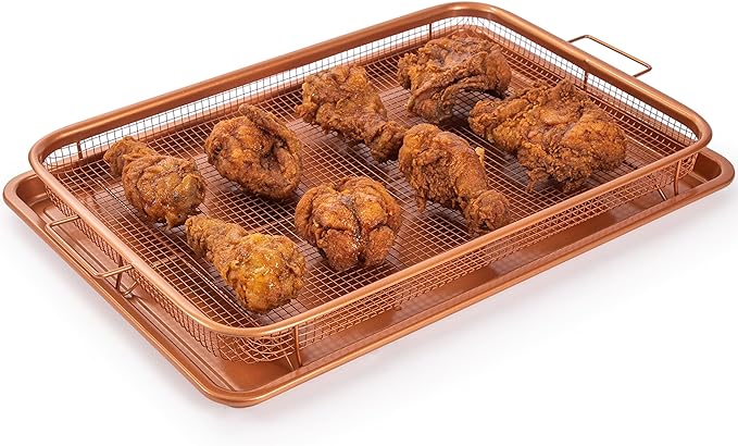 Copper Crisper Tray Non-Stick Oven Baking Tray with Elevated Mesh Crisping Grill Basket 2 Piece Set Extra Large 13"X19" – by Nuovva
