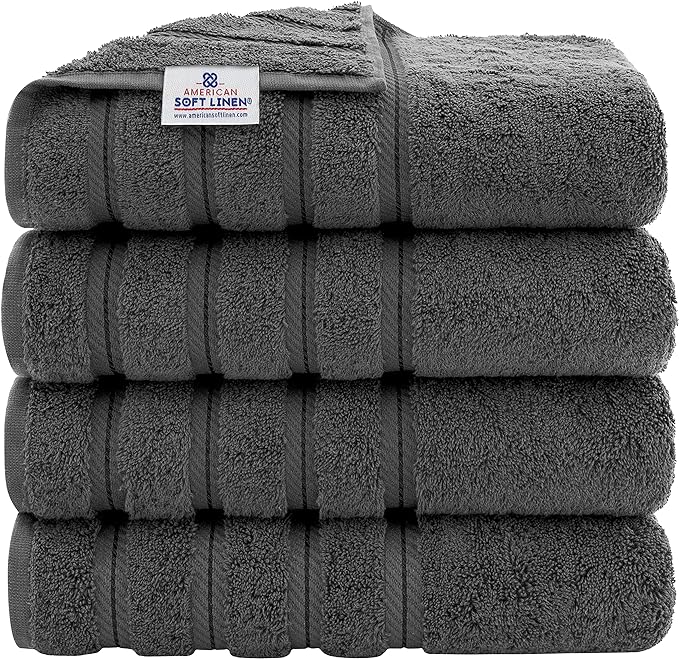 American Soft Linen Luxury 4 Piece Bath Towel Set, 100% Turkish Cotton Bath Towels for Bathroom, 27x54 in Extra Large Bath Towels 4-Pack, Bathroom Shower Towels, Grey Bath Towels
