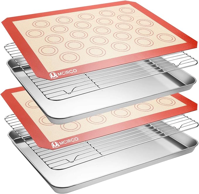 Stainless Steel Baking Sheet Tray Cooling Rack with Silicone Baking Mat Set, Cookie Pan , Set of 6 (2 Sheets + 2 Racks + 2 Mats), Non Toxic, Heavy Duty & Easy Clean