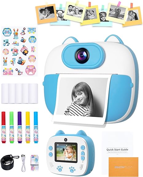 Dragon Touch Instant Print Camera for Kids, Digital Camera for Kids with Print Paper, Kids Camera with 1080P 2 Inch Color Screen, Selfie Video Camera for Kids 3-12 Years Old (Blue)