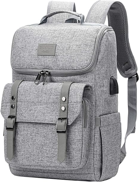 YALUNDISI Vintage Backpack Travel Laptop Backpack with usb Charging Port for Women & Men College Backpack Fits 15.6 Inch Laptop Grey
