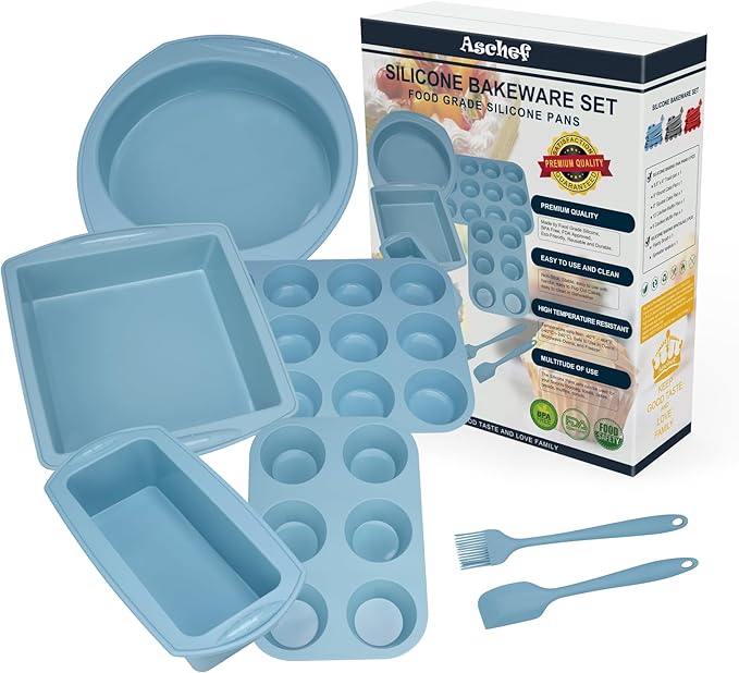 Economical 7in1 Nonstick Silicone Baking Cake Pan Cookie Sheet Molds Tray Set for Oven, BPA Free Heat Resistant Bakeware Suppliers Tools Kit for Muffin Loaf Bread Pizza Cheesecake Cupcake Pie Utensil