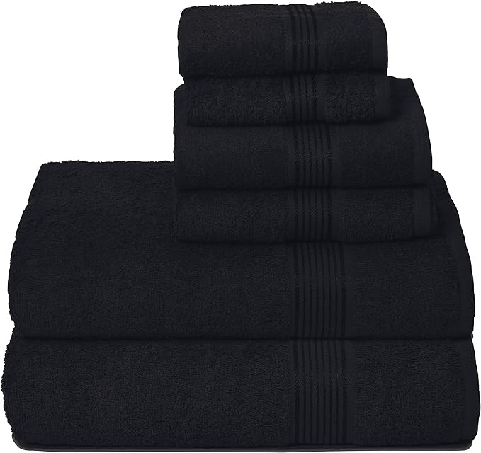 Elvana Home Ultra Soft 6 Pack Cotton Towel Set, Contains 2 Bath Towels 28x55 inch, 2 Hand Towels 16x24 inch & 2 Wash Coths 12x12 inch, Ideal for Everyday use, Compact & Lightweight - Black