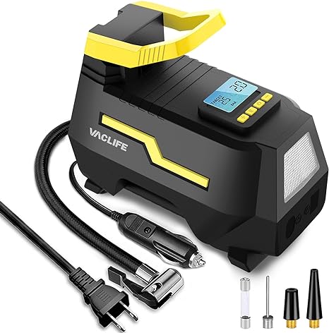 VacLife AC/DC 2-in-1 Tire Inflator - Portable Air Compressor, Pump for Car Tires (up to 50 PSI), Electric Bike 150 PSI) w/Auto Shut-Off Function, Model: ATJ-1666, Yellow (VL708)