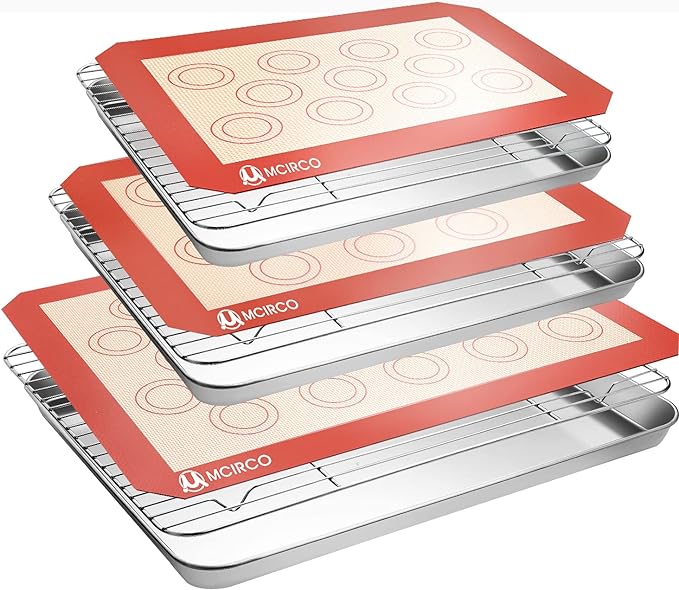 Stainless Steel Baking Sheet Set with Silicone Mats and Cooling Racks, Non Toxic and Easy Clean, Set of 9