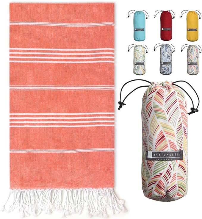 BAY LAUREL Turkish Beach Towel with Travel Bag 39 x 71 Quick Dry Sand Free Lightweight Large Oversized Beach Towel Turkish Towels Light Beach Towel Travel Towels (Orange)