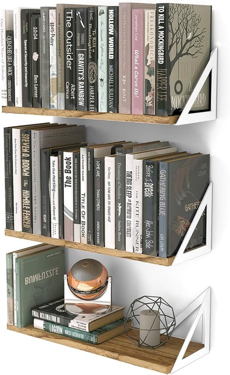 Wallniture Minori Wood Floating Shelves for Wall Storage, Wall Book Shelves for Living Room Decor, Geometric Triangle Shelf Set of 3, Burned Finish