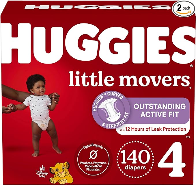 Huggies Size 4 Diapers, Little Movers Baby Diapers, Size 4 (22-37 lbs), 140 Ct (2 Packs of 70), Packaging May Vary