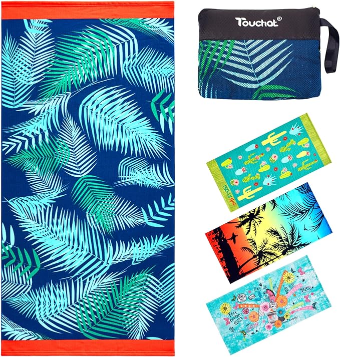 Touchat Beach Towel Oversized,Super Absorbent Sand Free Thick Microfiber Beach Towel,Cute Tropical Palm Leaf Beach Towels 30”x60” for Kids,Men,Women,Girls,Boys