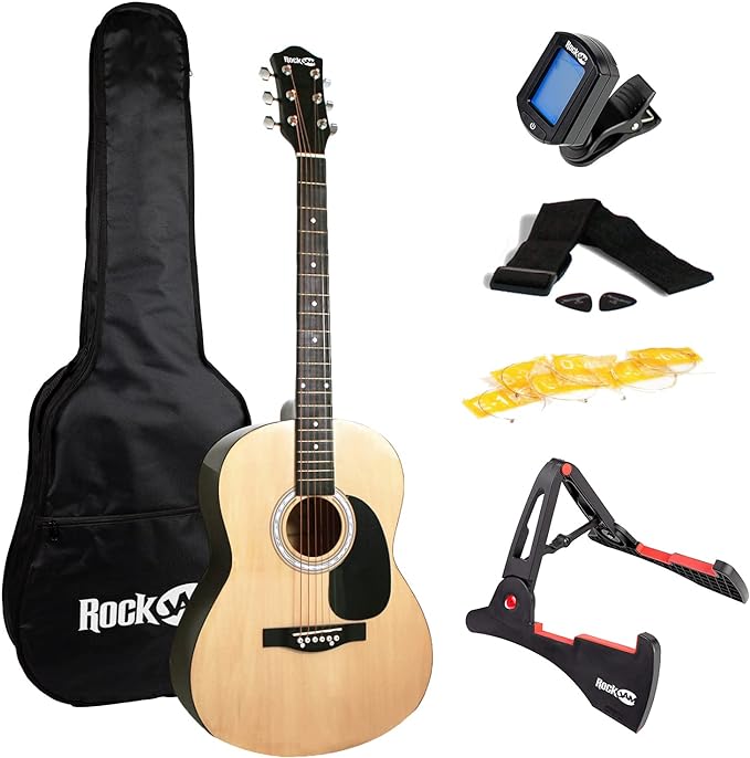 RockJam Acoustic Guitar Superkit Includes Stand, Gig Bag, Tuner, Picks, Plectrum Holder, Spare Strings & Online Lessons 6 Pack, Right, Natural, Full (RJW-101-N-PK)