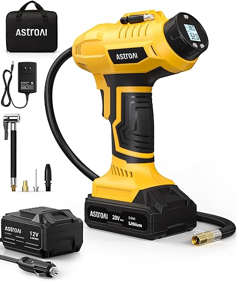 AstroAI Cordless Tire Inflator Air Compressor 20V Rechargeable Battery Powered 160PSI Portable Handheld Air Pump with 12V Car Power Adapter Digital Pressure Gauge for Cars Motorcycles JY16P160-18（C2）