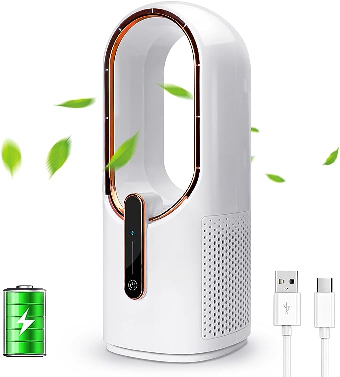 CONBOLA Desk Fan Portable, Battery Operated,Quiet Desktop Fan Bladeless with 3 Cooling Speeds, 11.8 Inch Touch Control Personal Fan for Bedroom, Office, Home, Outdoor (White)