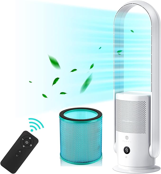 ULTTY Bladeless Tower Fan and Air Purifier in one, True HEPA Filter 99.97% Smoke Dust Pollen Dander, Oscillating Tower Fan with Remote Control CR022D, White
