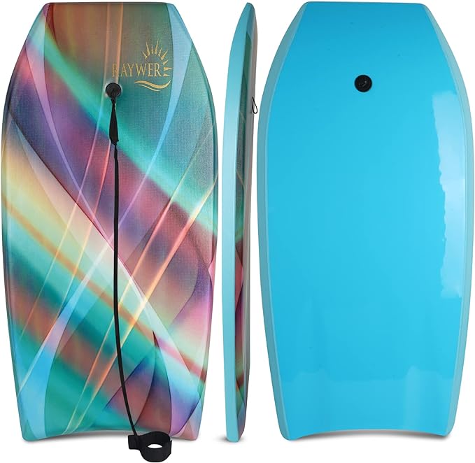 RAYWER Body Board Lightweight with EPS Core, HDPE Slick Bottom, Leash & Adjustable Wrist Rope, Great Surfing for Kids and Adults