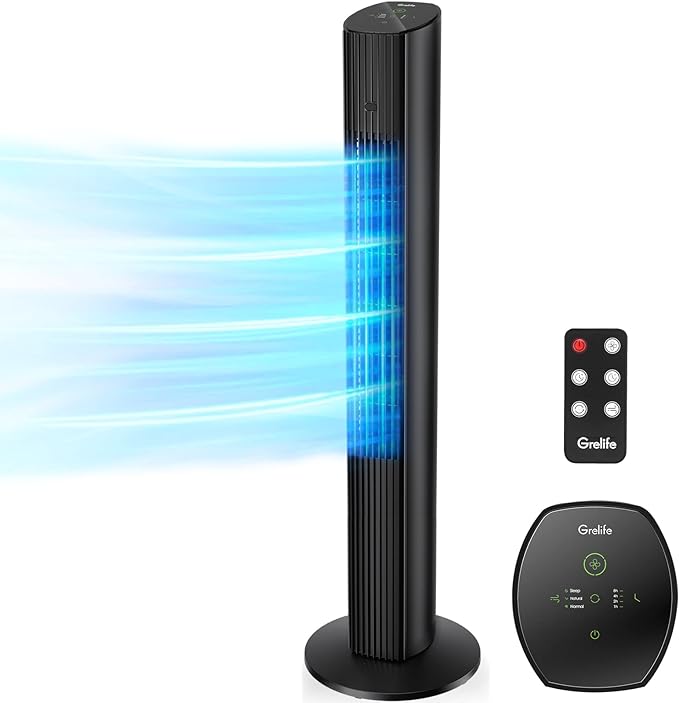 Grelife 36'' Tower Fan with Remote, 75° Oscillating Fan, Bladeless 3 Modes, Speeds, LED Display Auto Off, Quiet Cooling 12H Timer for Bedroom Living Room Office, Black