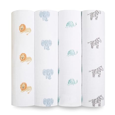 aden + anais Swaddle Blanket, 100% Organic Cotton Muslin Blankets for Girls & Boys, Baby Receiving Swaddles, Ideal Newborn & Infant Swaddling Set, 4 Pack, Animal Kingdom