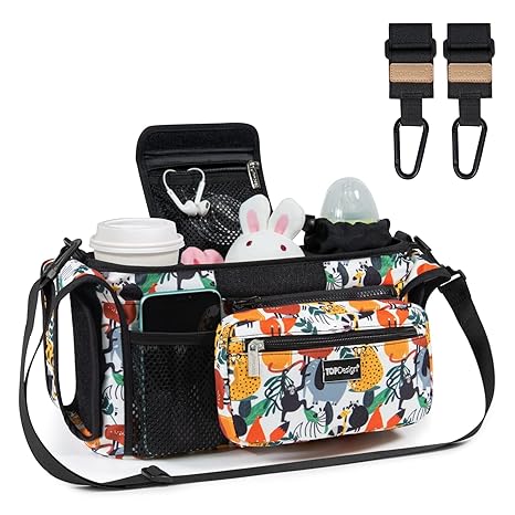 TOPDesign Universal Baby Stroller Organizer, Stroller Caddy with Heightened Insulated Cup Holders & Non-Slip Secure Hooks Accessories, Fits Most Strollers, Machine Washable (Zoo)