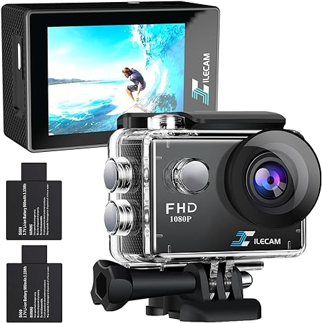 Xilecam Action Camera 1080P 30fps Sports Camera 40m/131ft Underwater Waterproof with 2 Batteries and Multi-Function Accessory