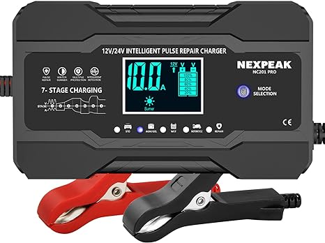 NEXPEAK 10-Amp Car Battery Charger, 12V and 24V Smart Fully Automatic Maintainer Trickle Charger w/Temperature Compensation for Truck Motorcycle Lawn Mower Boat Marine Lead Acid Batteries