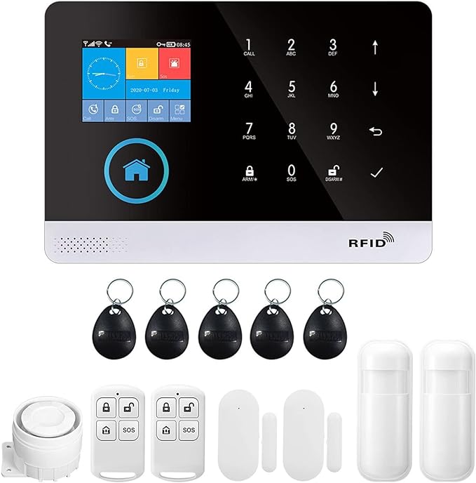 Splenssy WiFi GSM Home Alarm Security System, 2.4in LCD Wireless DIY Smart Home Burglar Security Alarm System 10 Piece Kit, Compatible with Alexa Google Home Voice Control