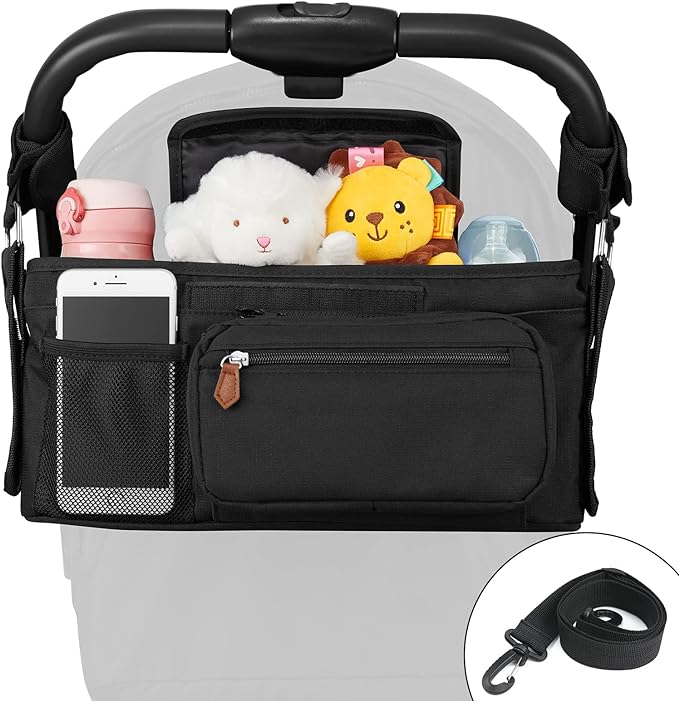 Sunkorto Stroller Organizer with Cup Holder, Universal Stroller Caddy Accessories Baby Stroller Bag Organizer with Detachable Zippered Pocket Non-Slip Straps, Fits for Any Stroller - Black