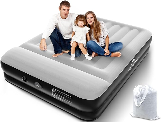 Queen Air Mattress with Built-in Pump/USB Rechargeable Detachable, JHUNSWEN 16" Raised Durable Inflatable Queen Air Mattress Built-in Pillow for Camping, Home & Guests, Easy Inflation/Deflation Airbed