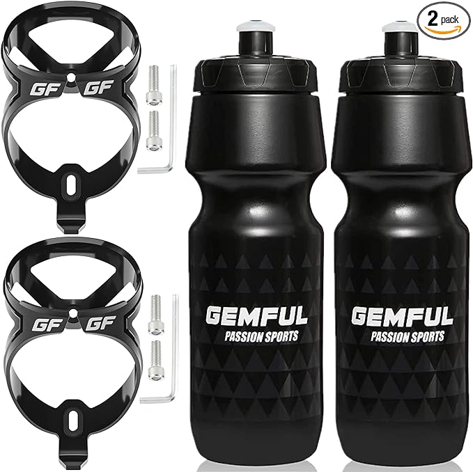 GEMFUL Bike Water Bottles with Bicycle Holder 750ml Mtb Cycling Squeeze 24 oz Sport Bottle 2 Pack