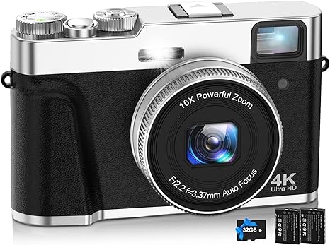 NEZINI 4K Digital Camera,Auto Focus 48MP Vlogging Camera for YouTube and Anti-Shake Video Camera with Viewfinder Flash & Dial,16X Zoom Travel Portable Digital Camera with 32GB Card,2 Batteries (Black)