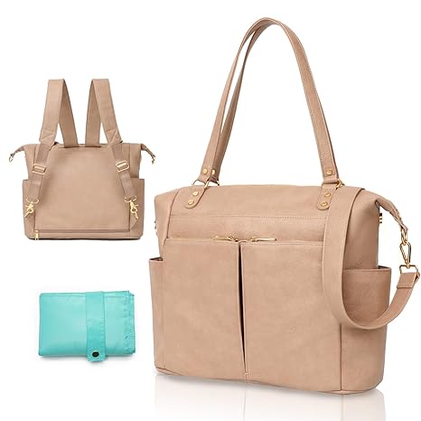 MOMINSIDE Diaper Bag Tote, Leather Diaper Bag Backpack with 14 Pockets, Convertible Baby Bag for Boys Girls, Baby Registry, Changing Pad, Large 4 Insulated Pockets (Camel)