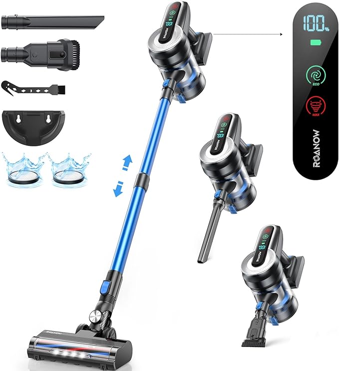 Roanow Cordless Vacuum Cleaner, 450W/38KPA Cordless Vacuum with LED Display, 55Mins Runtime Lightweight & Ultra-Quiet Cordless Stick Vacuum for Carpet and Floor, Home, Pet Hair Cleaning