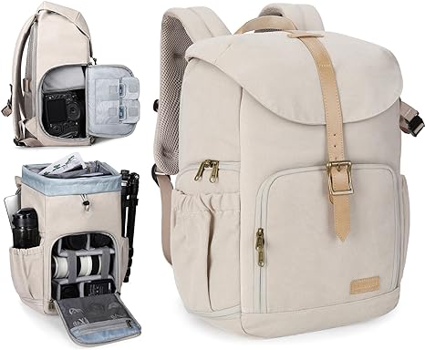 BAGSMART Camera Backpack, DSLR Camera Bag Backpacks for Photographers, Waterproof Anti-Theft Photography Backpack with 15 Inch Laptop Compartment & Tripod Holder, Ivory White