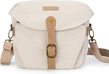 BAGSMART Camera Bag, SLR DSLR Canvas Camera Case, Vintage Padded Camera Shoulder Bag with Rain Cover for Women and Men, Ivory White