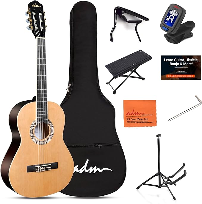 ADM Classical Nylon Strings Acoustic Guitar 36 Inch Classic Guitarra Starter Bundle for Adult with Free Lessons, Gig Bag, E-tuner, Footstool, Kids Student Beginner Kits, Nature