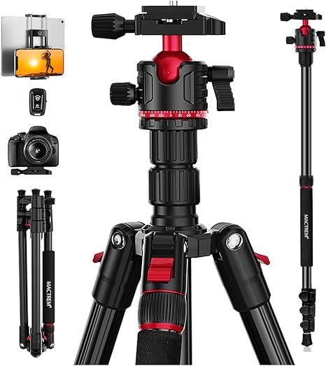 MACTREM Camera Tripod, 69 inch/175cm Aluminum Travel Tripod & Monopod with 360°Ball Head, Heavy Duty Tripod for Smartphone iPad Canon Nikon Sony Binoculars Laser Level Telescope