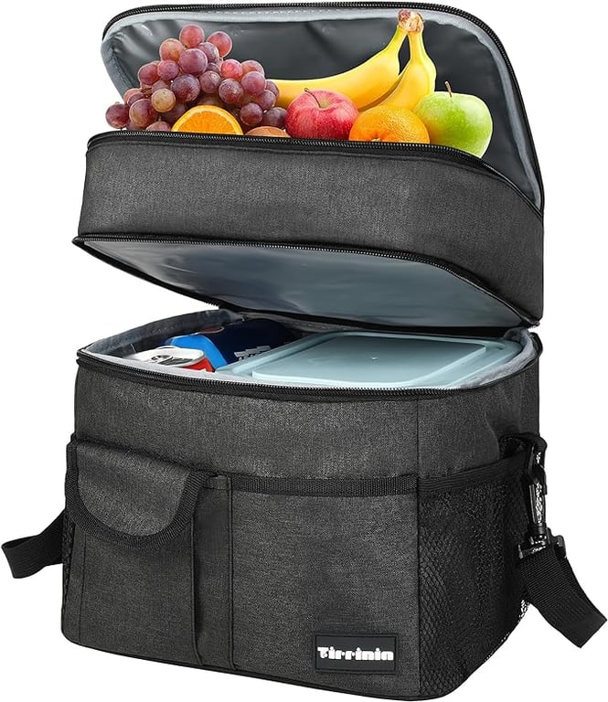 Tirrinia Large Insulated Lunch Box for Women and Men, Double-Layer Leak-Proof Reusable Lunch Bag with 4 Pockets for Adults, Lunch Bag Cooler Tote for Office Work and Travel, BLACK