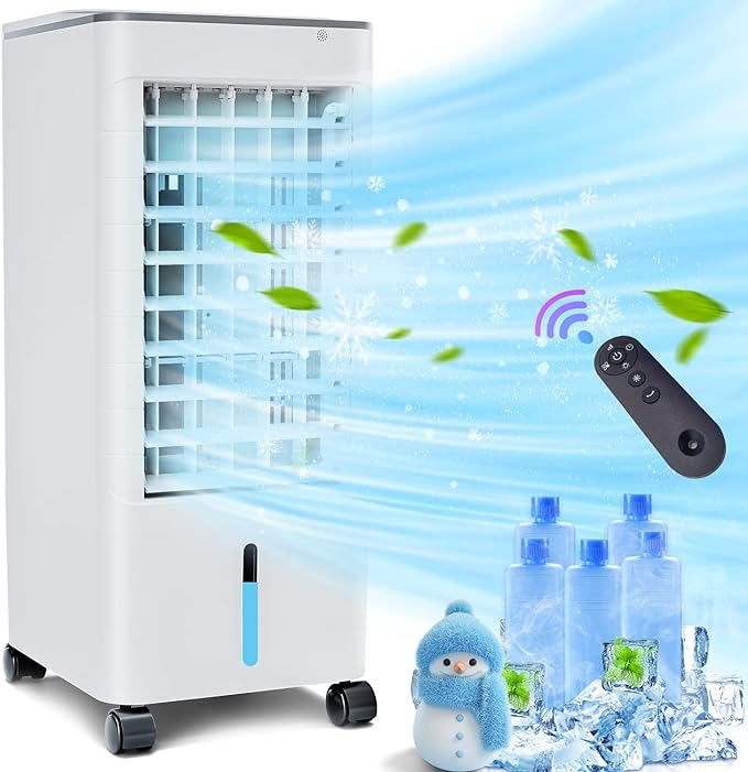 Portable Air Conditioner 3-IN-1 Evaporative Air Cooler, Adjustable Normal Sleep Cool Modes, 3 Speeds, 20Ft Remote Control & LED Panel, 12 Hour Timer, 100 Degree Oscillation, 5 Ice Packs