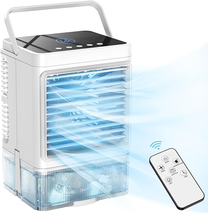 COOLECH Personal Air Conditioner, 4-IN-1 Evaporative Air Cooler with Remote, 4H Timer, 7 Colors Light, 2-Level Humidify, LED Screen, 3 Speeds Small Air Conditioner Portable for Room Office Camping Car