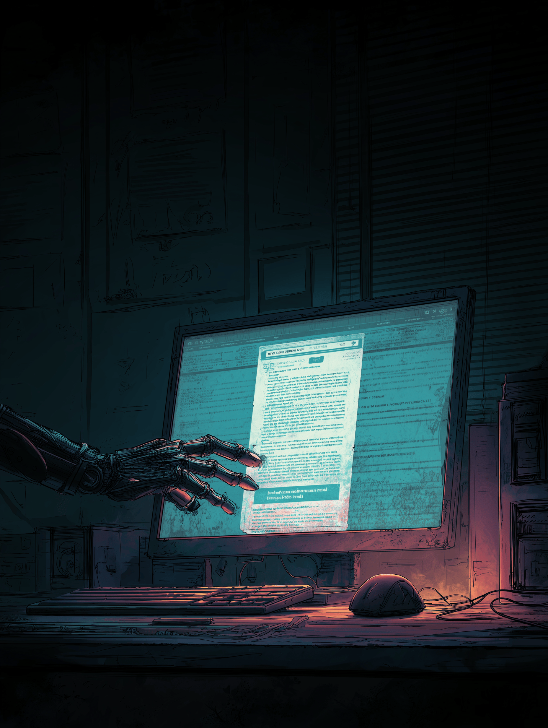 Close up of a computer monitor showing an open email with an attached document, a hand reaching toward the mouse